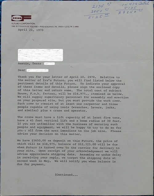 Futuro, Austin, Texas, USA - Purchase Letter Page 1